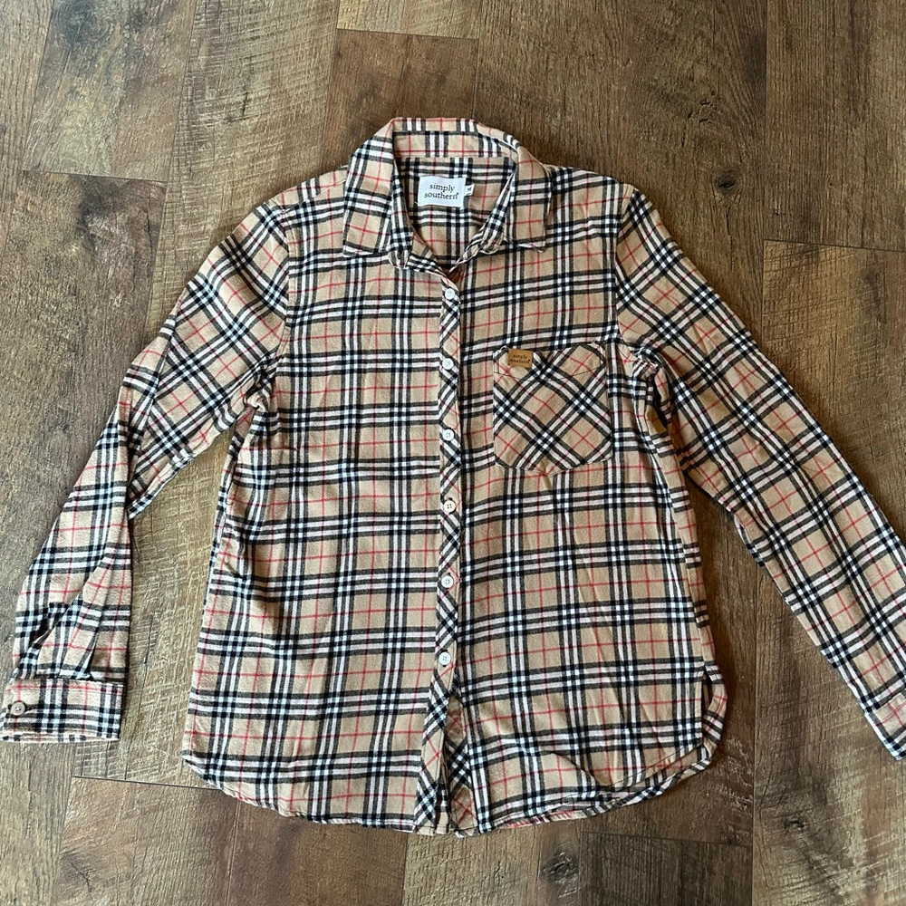 Women's Simply Southern Plaid Button Down Shirt M Beige Black - Picture 2 of 9